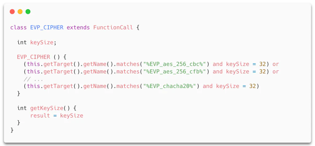 CodeQL class matching cipher-initialization function names using getName() and matches()