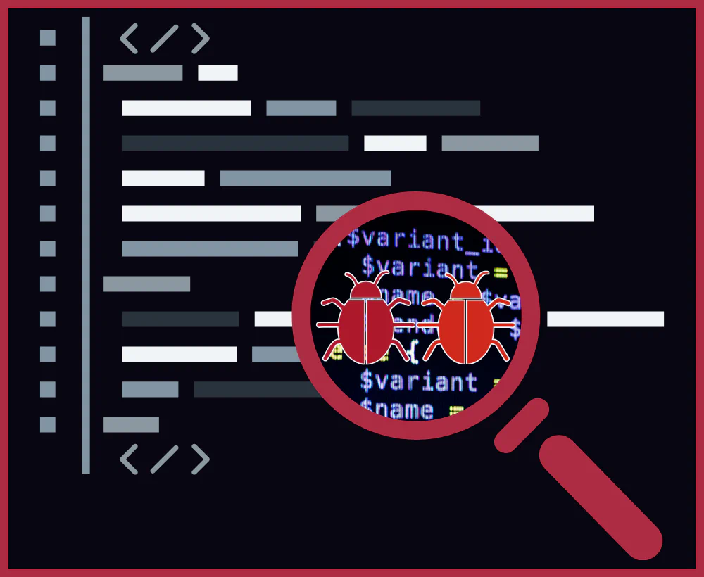 Illustration of a magnifying glass revealing bugs hidden in lines of code