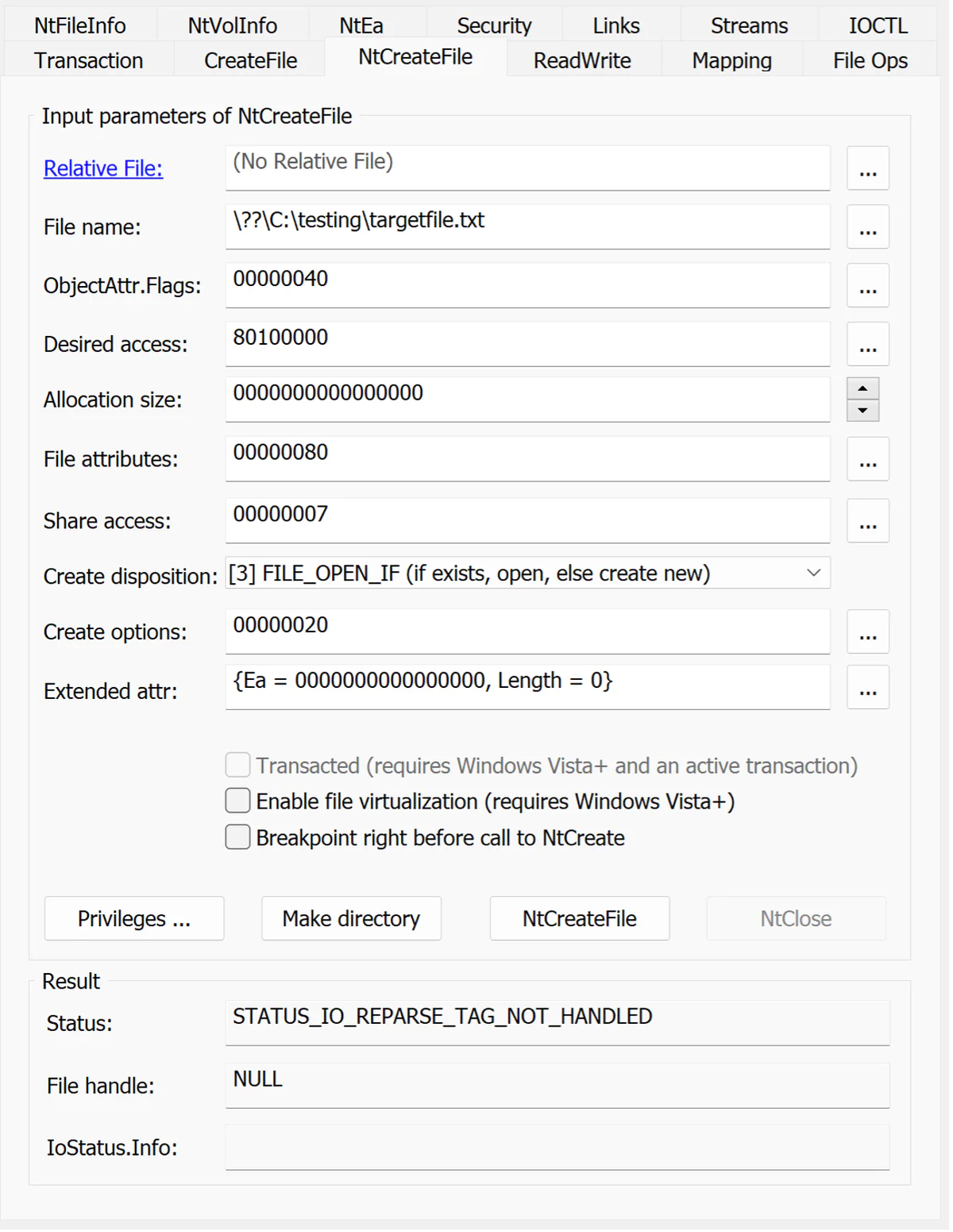 FileTest’s file open failure error message