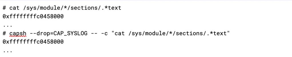 Terminal output showing that kernel addresses are still exposed after using capsh to drop the CAP_SYSLOG capability
