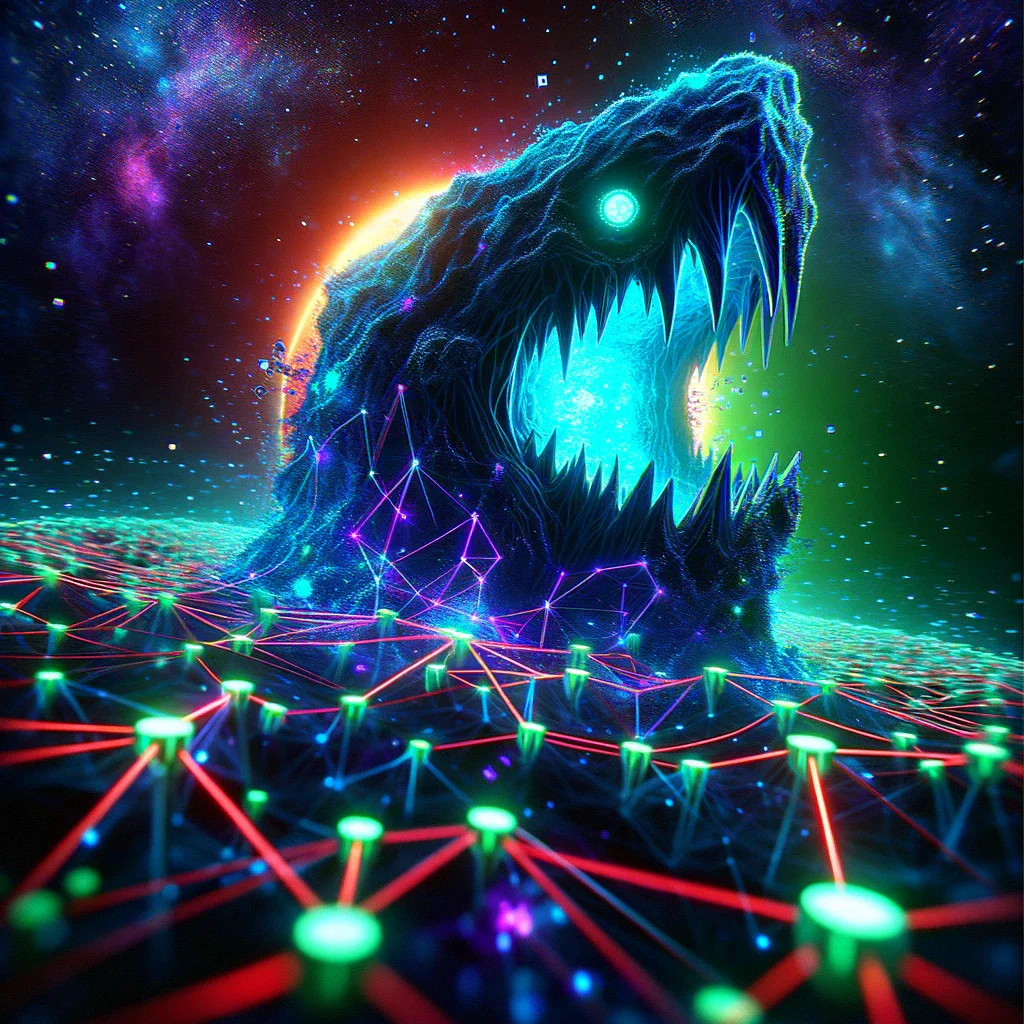 A translucent monster looms over a blockchain network of interconnected nodes