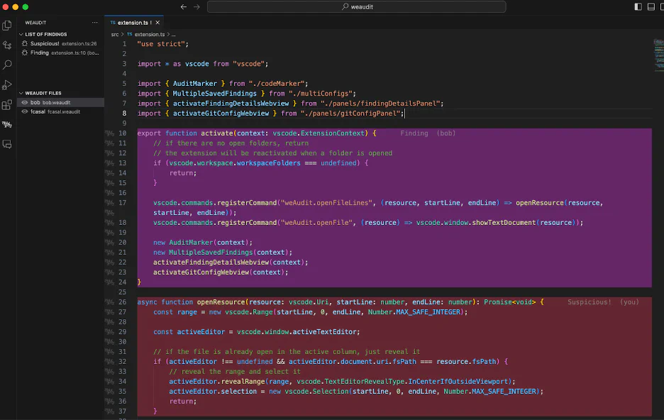 Screenshot of the weAudit Files panel showing findings from multiple users