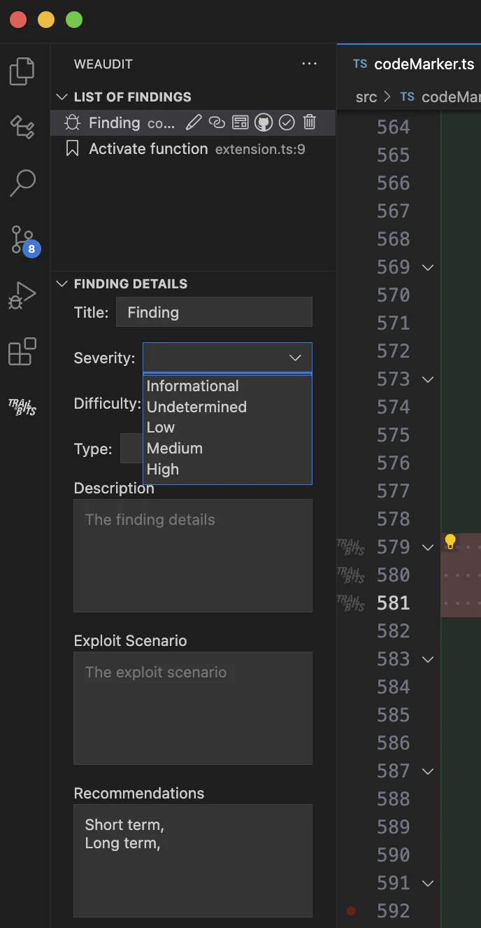 Screenshot of the detailed finding information panel in weAudit