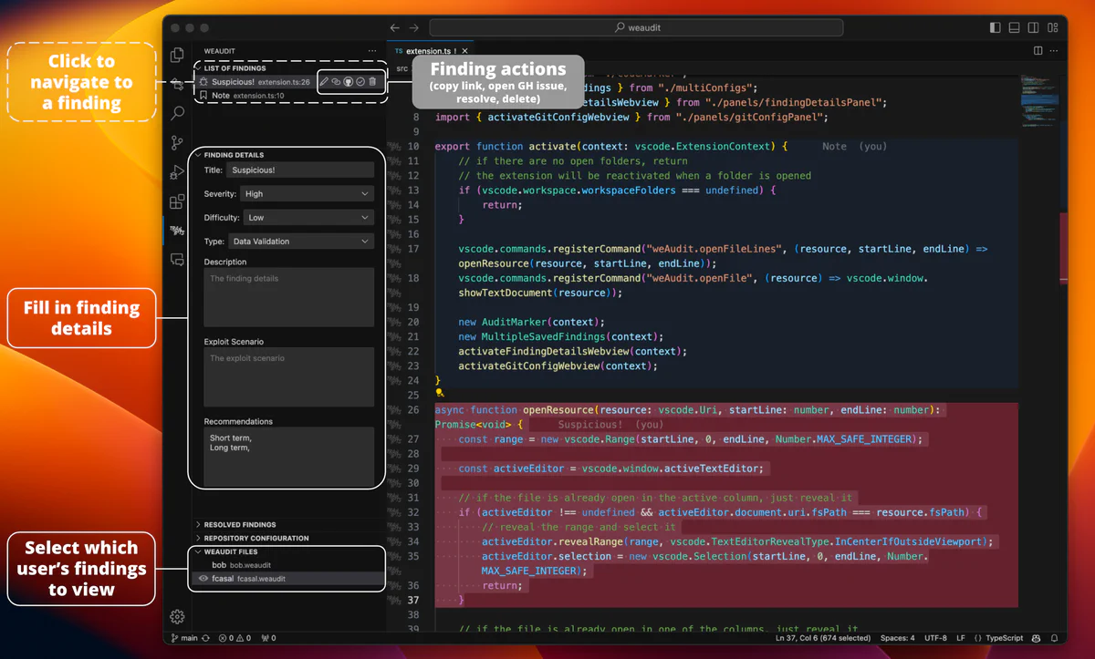 Screenshot of the weAudit extension in VSCode