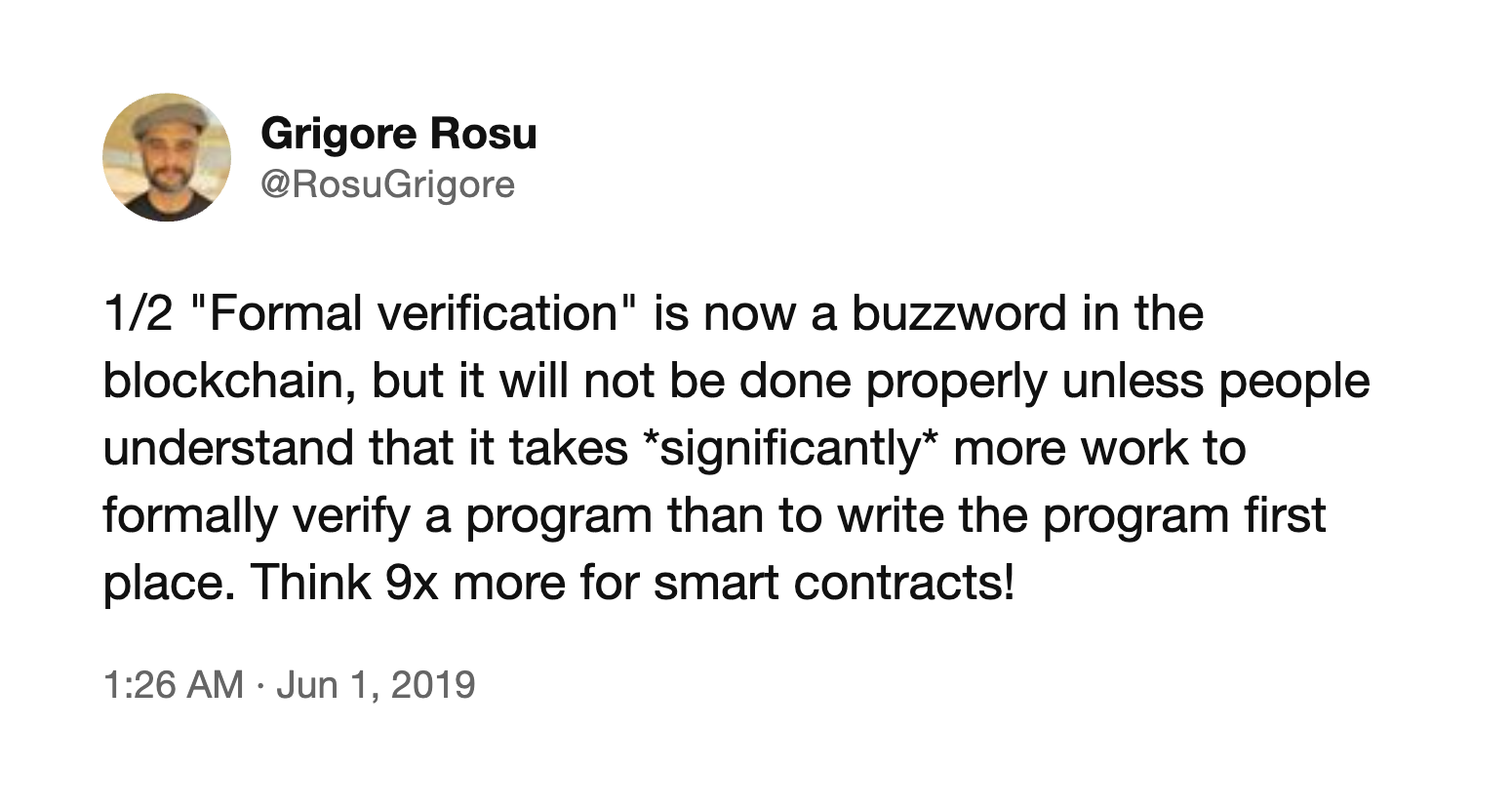 A tweet from the founder of Runtime Verification Inc.