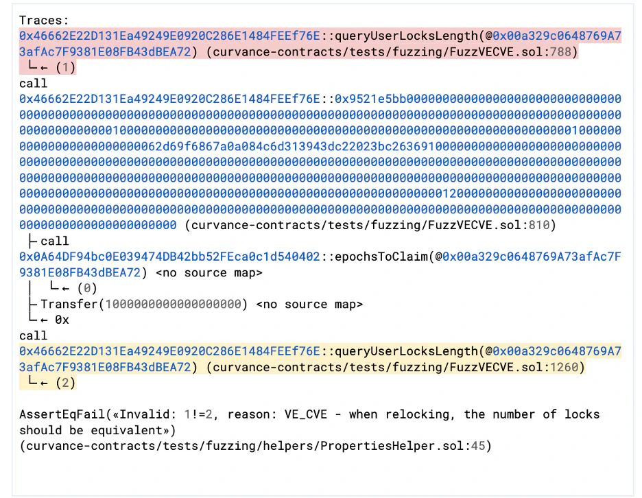 The trace for the increase in user locks, provided in the full invariant development report in finding TOB-CURV-4