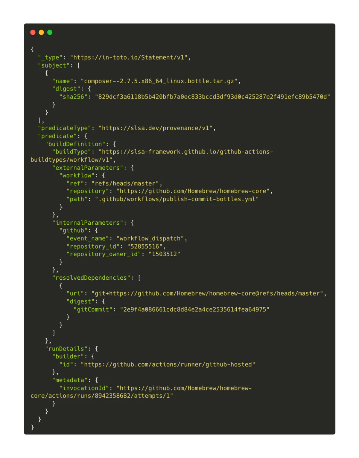 Example in-toto provenance statement JSON for a Homebrew bottle attestation