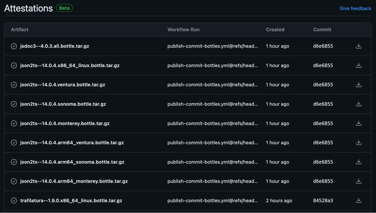 GitHub Attestations UI listing homebrew-core bottle artifacts with their workflow run, creation time, and commit