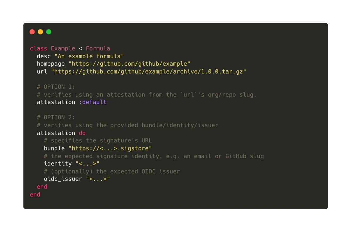 Example Homebrew formula DSL showing hypothetical attestation block syntax for a formula
