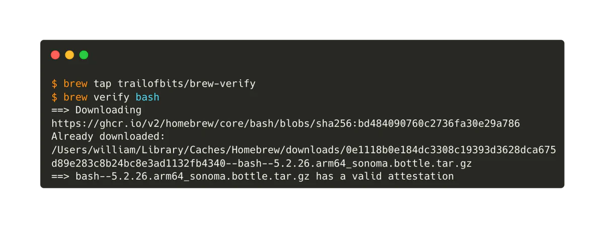 Terminal output of brew verify bash showing a valid attestation