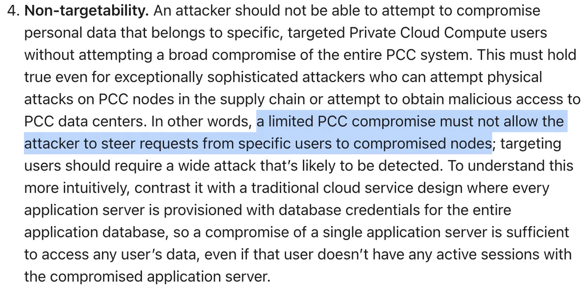 Apple PCC blog excerpt: non-targetability requires that a limited PCC compromise must not allow the attacker to steer requests from specific users to compromised nodes