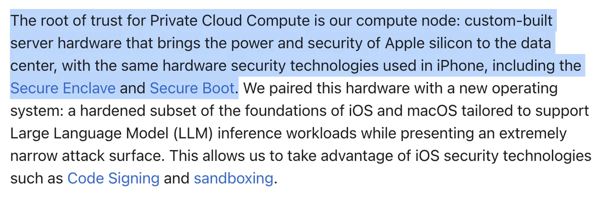 Apple PCC blog excerpt: the root of trust for Private Cloud Compute is a custom-built compute node using the same hardware security technologies as iPhone, including Secure Enclave and Secure Boot