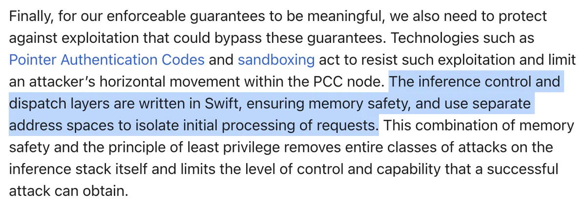 Apple PCC blog excerpt: the inference control and dispatch layers are written in Swift, ensuring memory safety, and use separate address spaces to isolate initial processing of requests