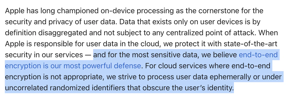 Apple PCC blog excerpt: for the most sensitive data, Apple believes end-to-end encryption is our most powerful defense