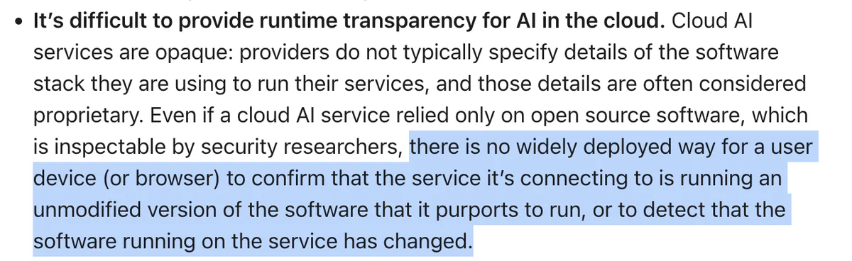 Apple PCC blog excerpt: it’s difficult to provide runtime transparency for AI in the cloud