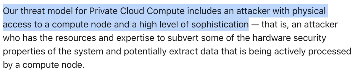 Apple PCC blog excerpt: the threat model for Private Cloud Compute includes an attacker with physical access to a compute node and a high level of sophistication