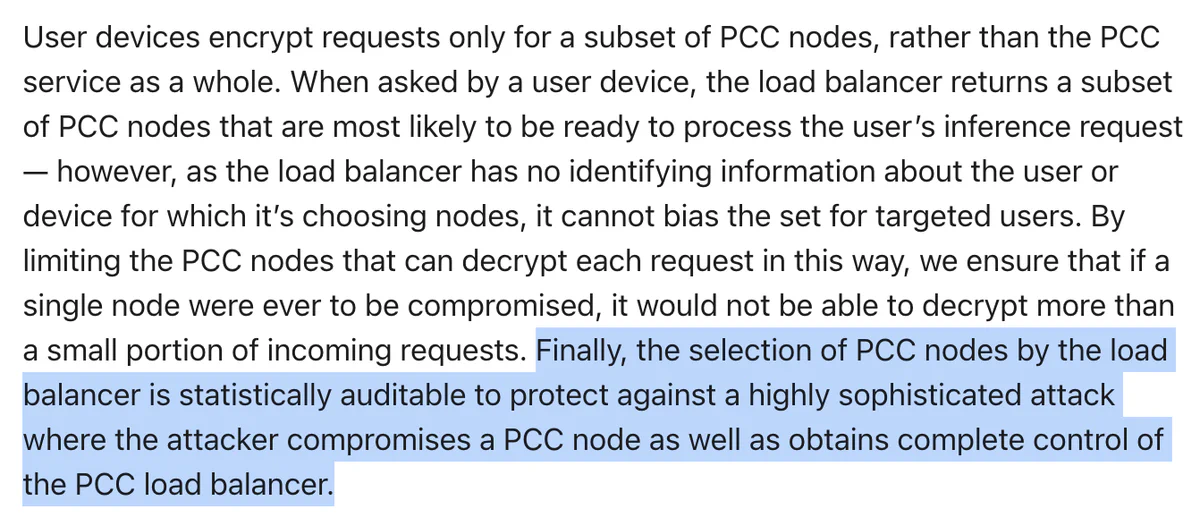 Apple PCC blog excerpt: the selection of PCC nodes by the load balancer is statistically auditable to protect against a highly sophisticated attack combining node compromise and load balancer control