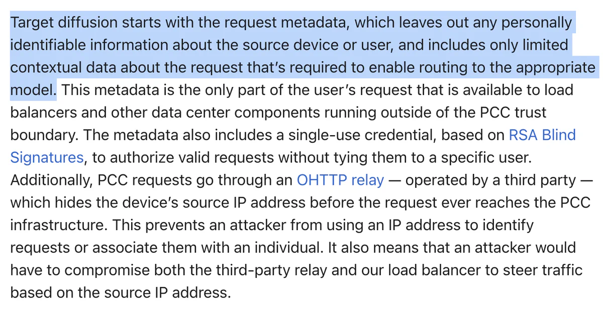Apple PCC blog excerpt: target diffusion starts with request metadata, which leaves out any personally identifiable information about the source device or user