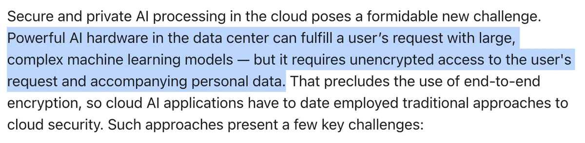 Apple PCC blog excerpt: powerful AI hardware in the data center requires unencrypted access to the user’s request and personal data