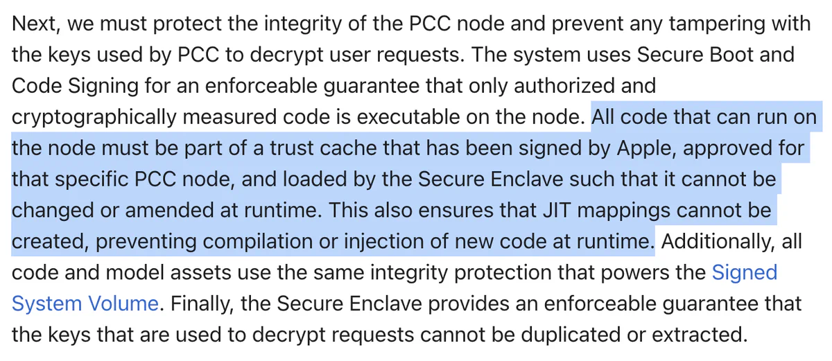 Apple PCC blog excerpt: all code that can run on the node must be part of a trust cache signed by Apple, loaded by the Secure Enclave, and cannot be changed or amended at runtime
