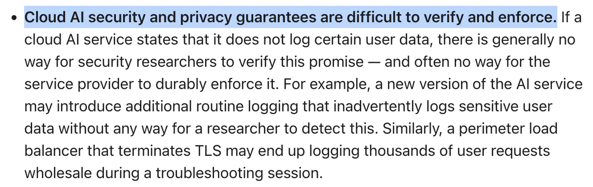 Apple PCC blog excerpt: cloud AI security and privacy guarantees are difficult to verify and enforce