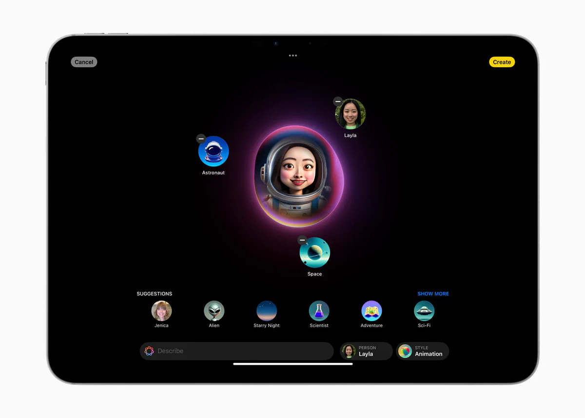 Image Playground interface on iPad showing a generated astronaut-style Genmoji with style suggestions like Space, Scientist, and Sci-Fi
