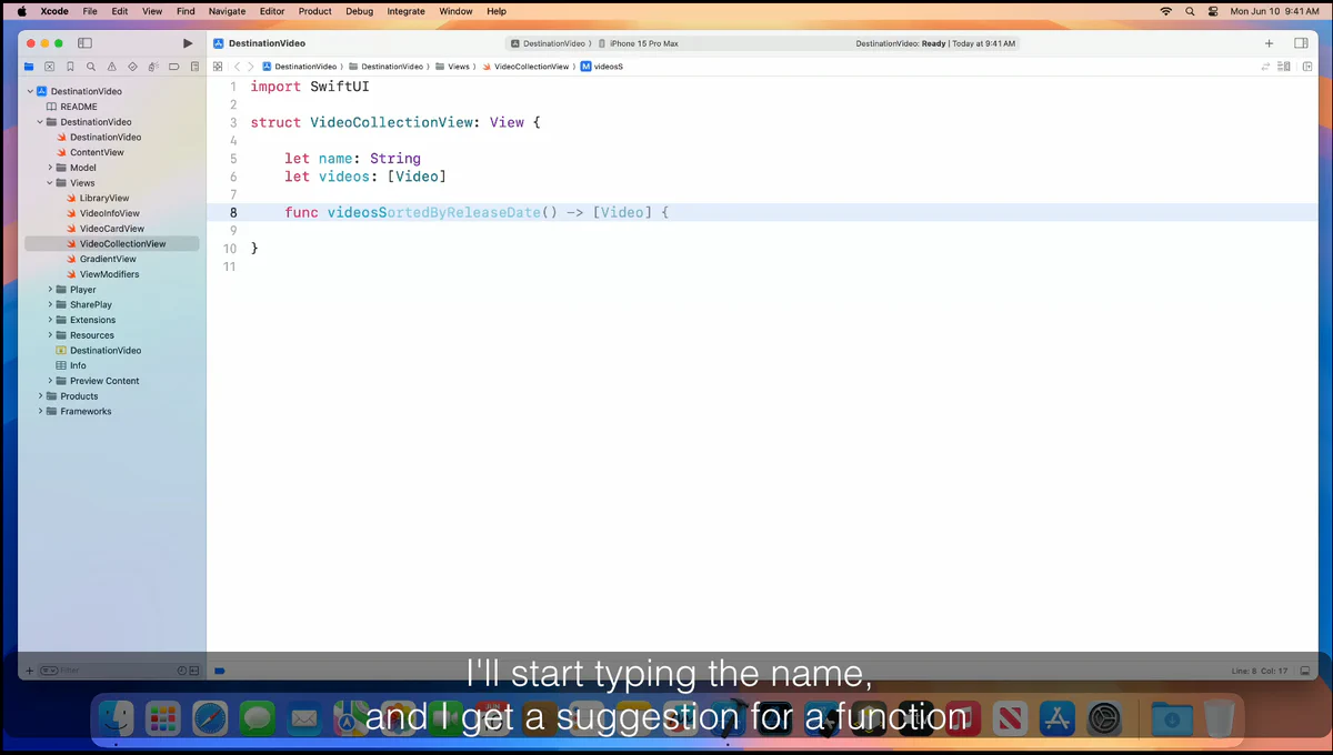 XCode editor showing Swift code completion suggesting a function signature for sorting videos by release date