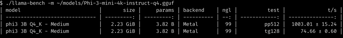 Terminal output of llama-bench benchmarking phi3-mini-4k-instruct-q4 on Metal, showing prompt processing and token generation speeds of 1003.01 and 74.66 tokens per second respectively