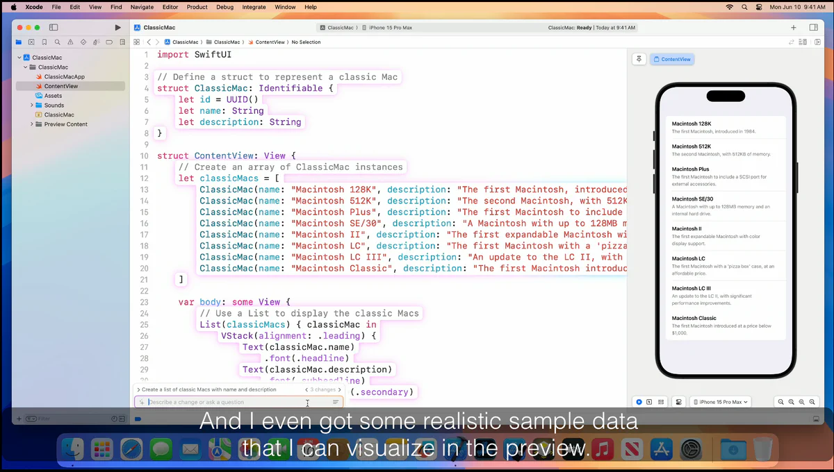 XCode editor showing Swift Assist generating a struct and sample data for a list of classic Macintosh computers from a natural-language description
