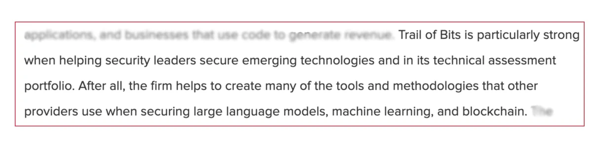 Excerpt from the Forrester Wave report noting Trail of Bits is particularly strong helping security leaders secure emerging technologies