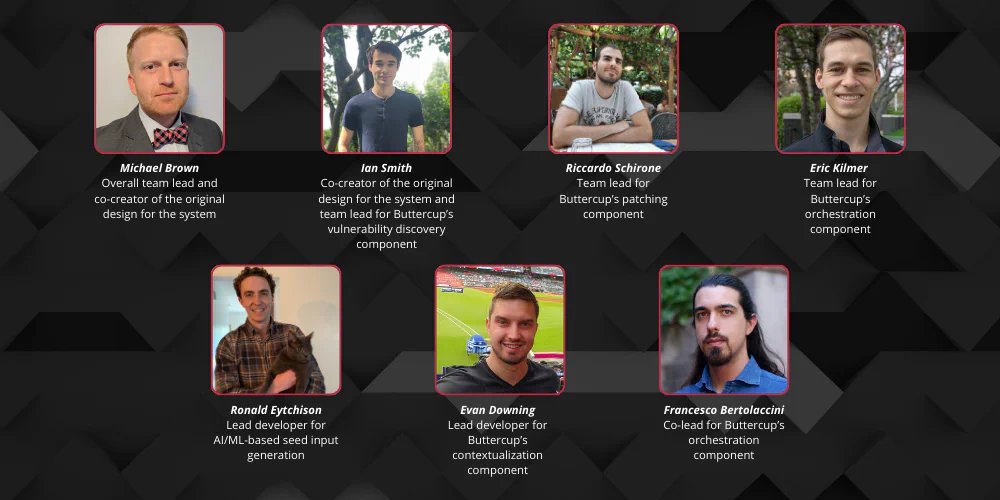 The seven engineering leads who developed Buttercup: Michael Brown, Ian Smith, Riccardo Schirone, Eric Kilmer, Ronald Eytchison, Evan Downing, and Francesco Bertolaccini
