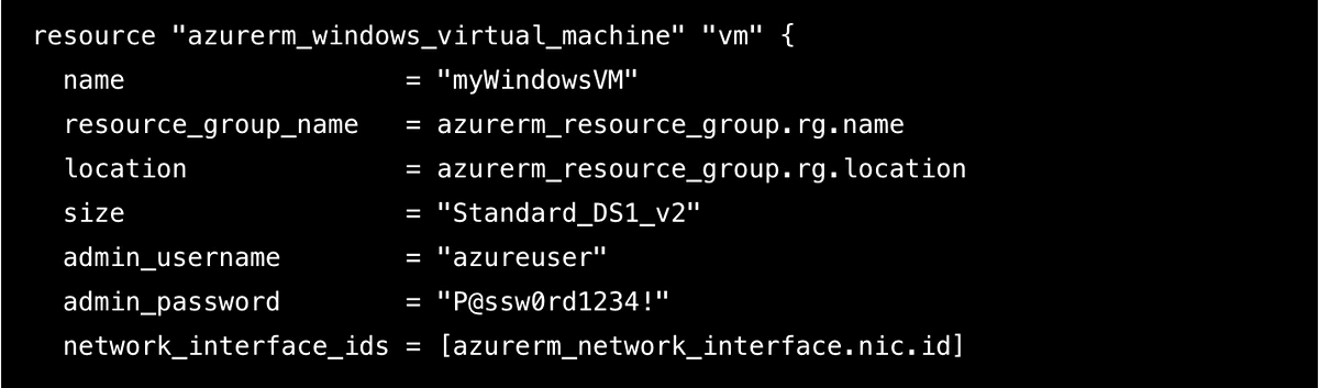ChatGPT-generated Terraform resource block for a Windows VM with the hard-coded admin_password &ldquo;P@ssw0rd1234!&rdquo;