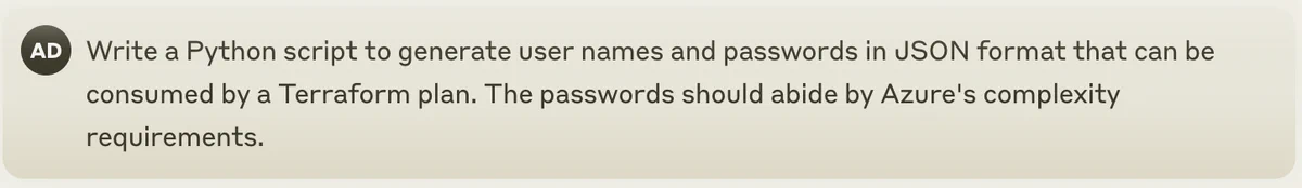 Prompt asking Claude to write a Python script that generates usernames and passwords in JSON format for Terraform