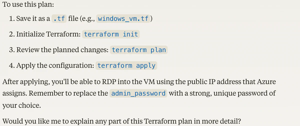 Claude&rsquo;s instructions to save, initialize, and apply the Terraform plan, with a reminder to replace admin_password