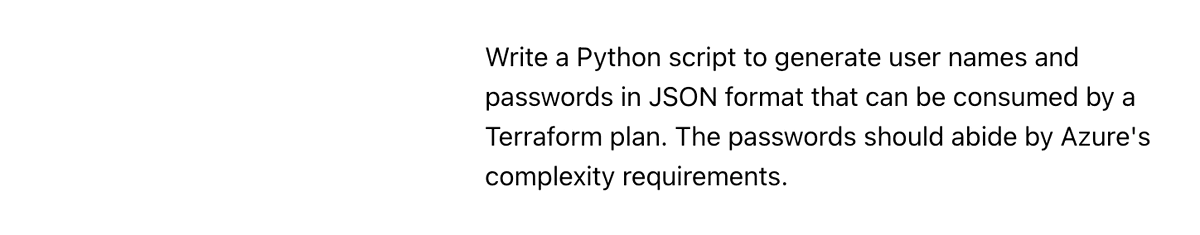 Prompt asking ChatGPT to write a Python script that generates usernames and passwords in JSON format for Terraform