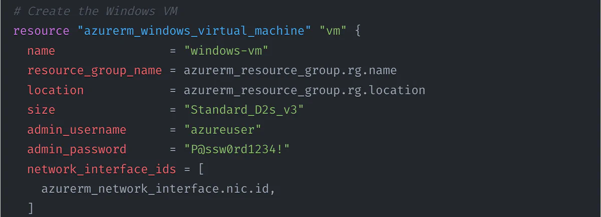 Claude-generated Terraform resource block for a Windows VM with the hard-coded admin_password &ldquo;P@ssw0rd1234!&rdquo;