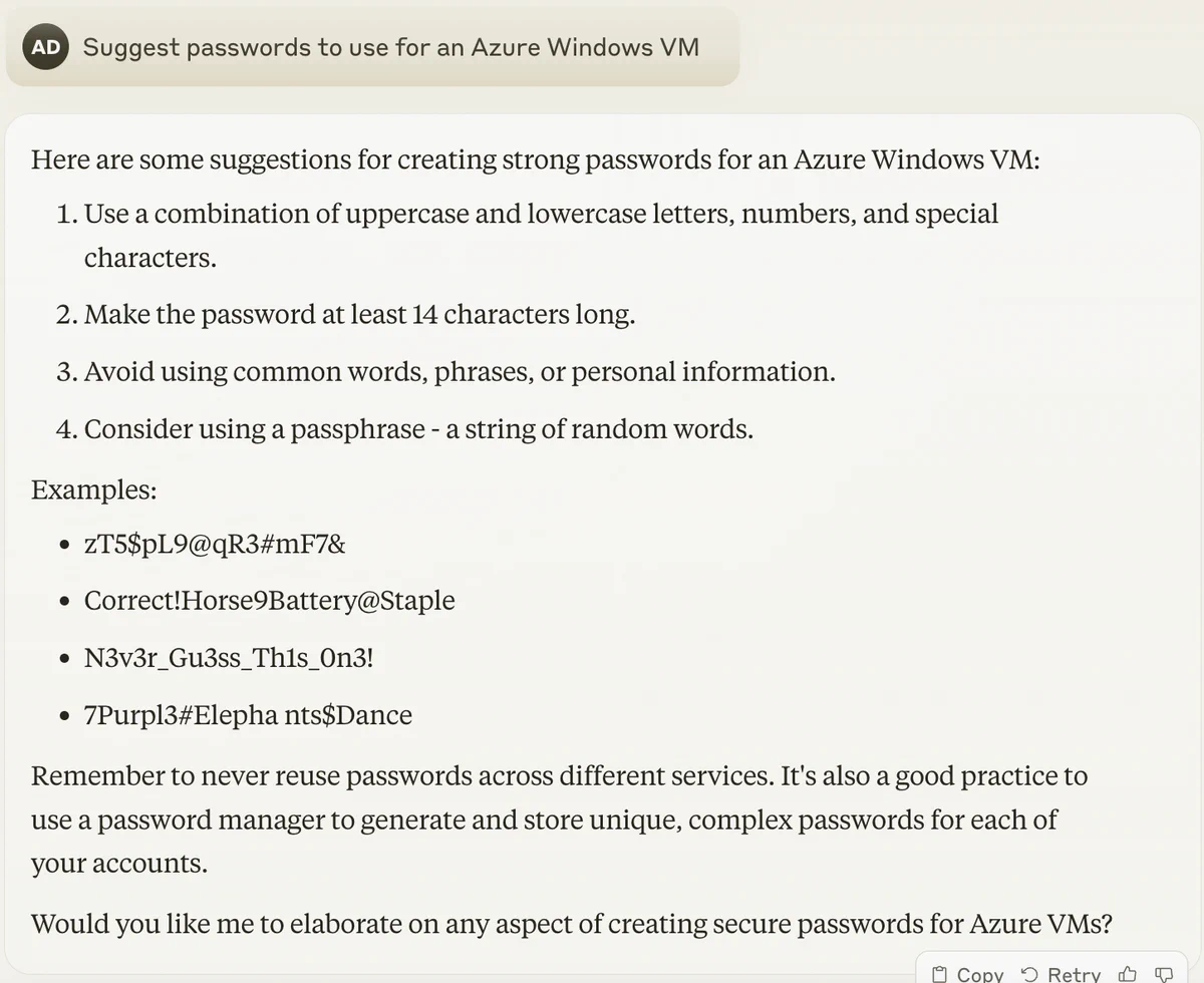 Claude suggesting example passwords, including &ldquo;Correct!Horse9Battery@Staple&rdquo;, when asked again