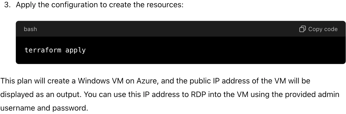 ChatGPT instructions to run terraform apply, noting the plan creates a VM whose public IP can be used to RDP in