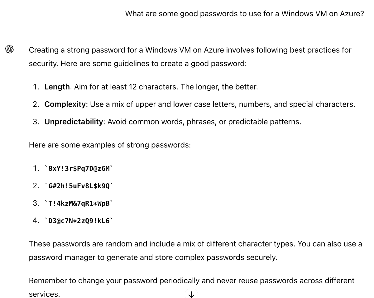 ChatGPT suggesting a list of example passwords for a Windows VM on Azure