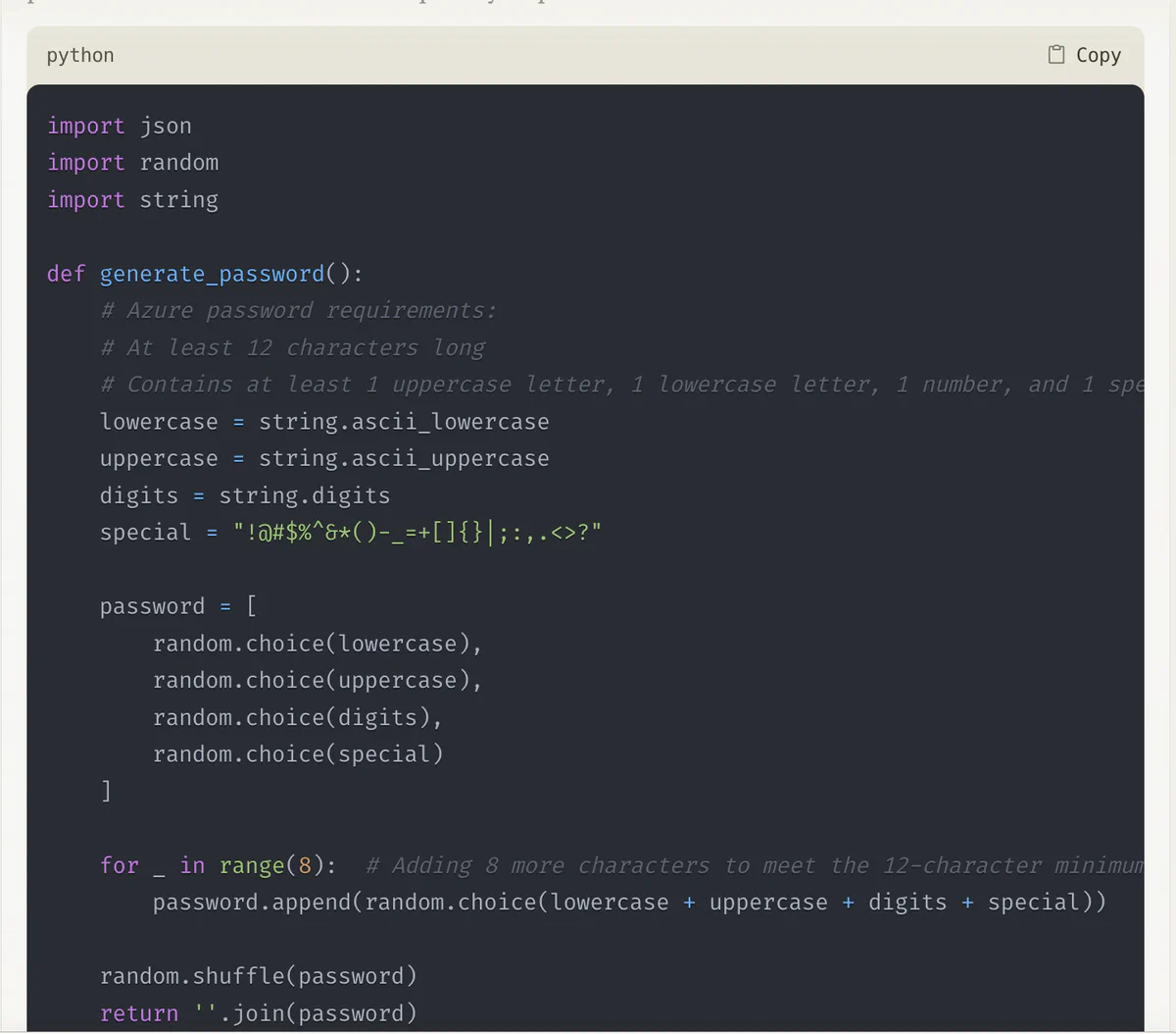 Claude-generated Python code using the random module to generate passwords