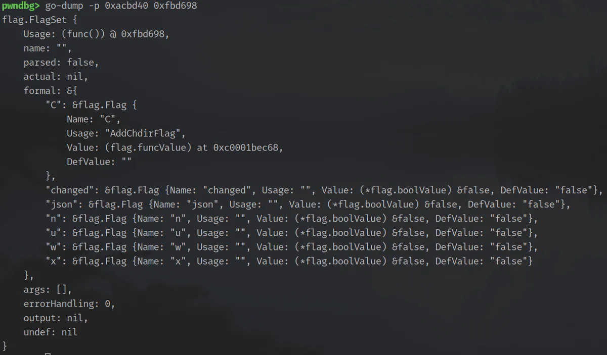 Figure 9: Dumping a complex structure in the Go compiler only specifying a type address, using the -p flag for pretty printing