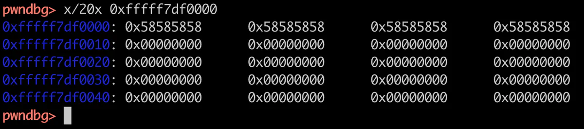 pwndbg memory dump of the libc mapping showing it overwritten with 0x58585858 bytes (the ASCII character X)