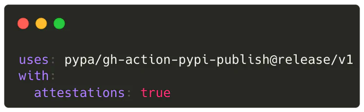GitHub Actions workflow snippet enabling attestations: true for pypa/gh-action-pypi-publish
