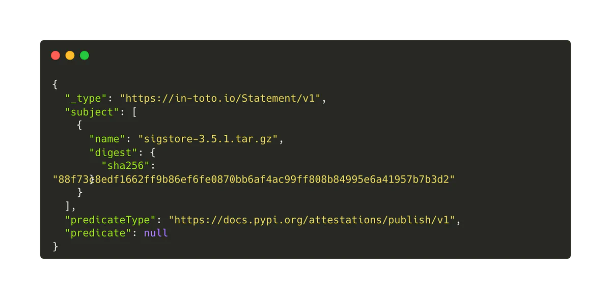 Example in-toto attestation JSON statement for sigstore-3.5.1.tar.gz, showing its subject digest and predicateType