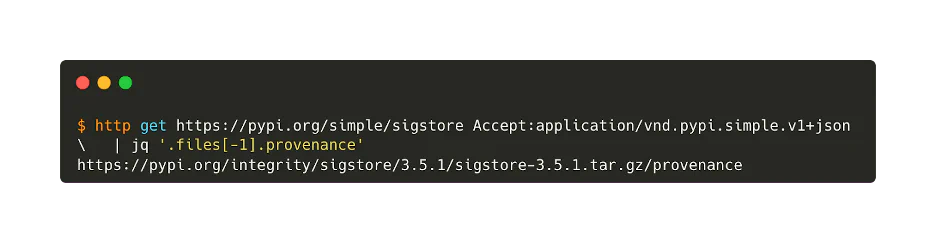 Terminal output of an HTTP request to the PyPI simple API showing the provenance URL for sigstore 3.5.1