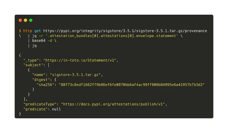 Terminal output decoding a provenance object to reveal the underlying in-toto attestation statement for sigstore-3.5.1.tar.gz