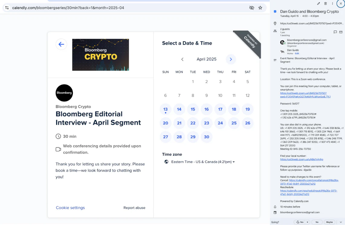 SCREENSHOT: Calendly booking page used by the attackers to schedule fake Bloomberg interviews and meeting invite from “Bloomberg Crypto”