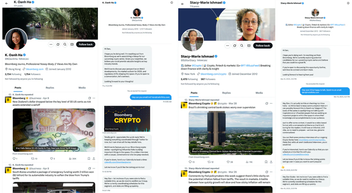 SCREENSHOT: X DMs between Dan Guido (Trail of Bits CEO) and Stacy-Marie Ishmael (@EditorStacy) - a puppet account for ELUSIVE COMET