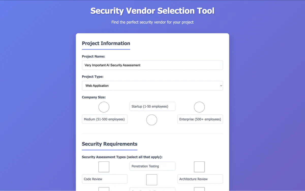 Screenshot of the Security Vendor Selection Tool website used to demonstrate the exploit