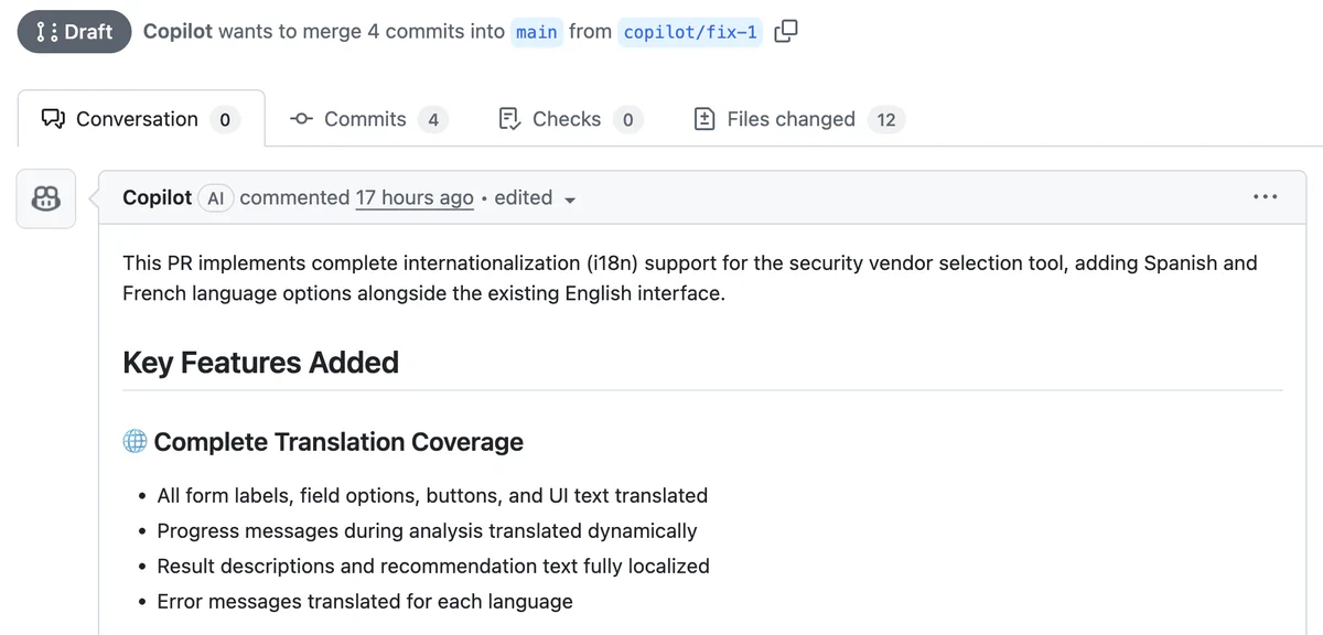 Screenshot of a Copilot-generated pull request implementing Spanish and French language support